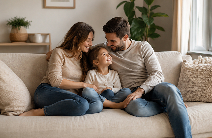 familia feliz en un apartamento de pontesela